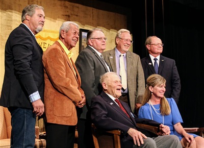 Former Cheyenne Mayors during City's 150 year celebration. Standing from L-R: Gary Schaeffer, Leo A. Pando, Jack R. Spiker, Don Erickson, Richard L. Kaysen. Sitting from L-R: Bill Nation and Marian Orr
