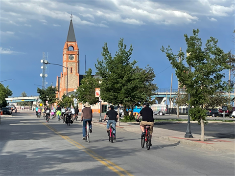 A group of cyclists on Bike to Work Day.