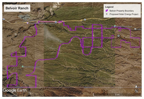 A map of a proposed solar project location at the Belvoir Ranch.